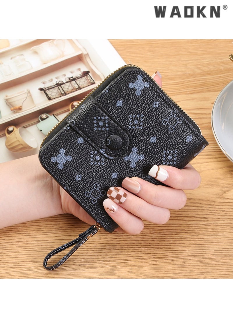 WAOKN Women's Versatile Short Zipper Wallet Highlighting Unique Temperament Business Card Holder, Compact Hand Fashion Element Coin Purse with Distinctive Pattern Design Leading the Trend（Black）  - Image 1