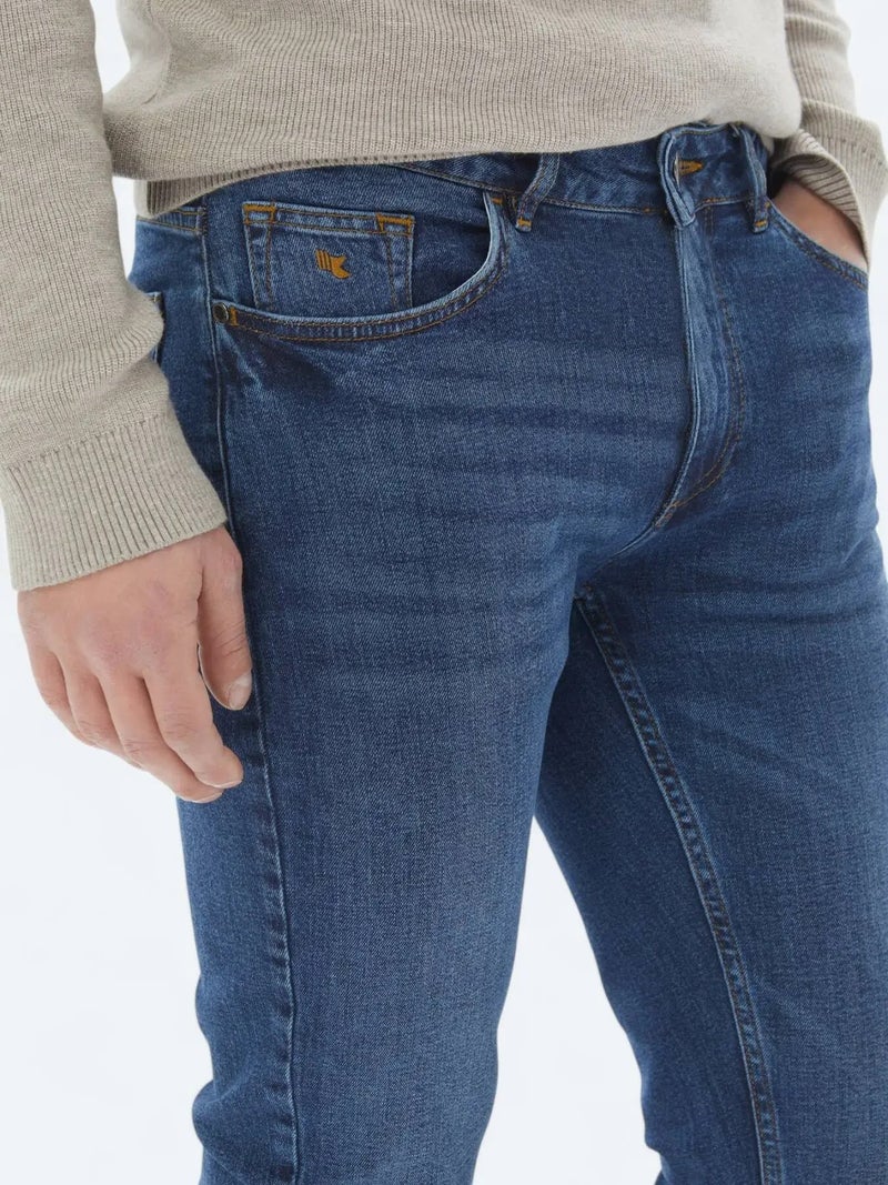 Kip Navy Blue Slim Fit Denim Cotton Blended Trousers - Image 3