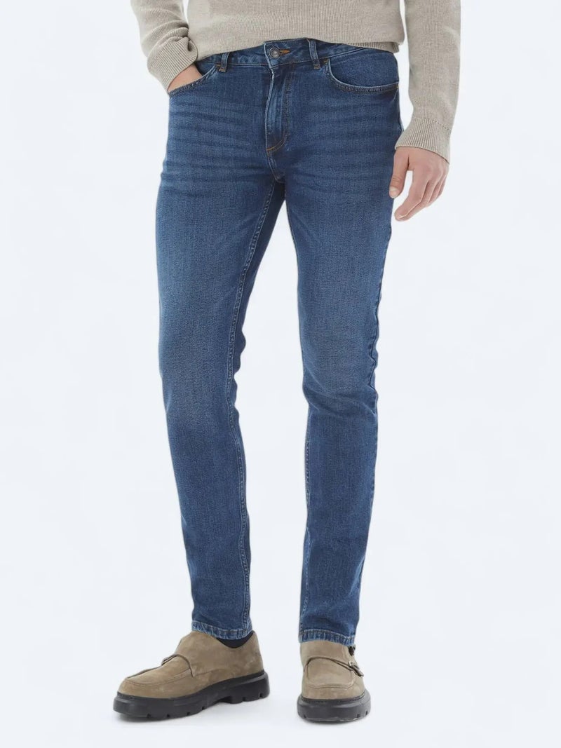 Kip Navy Blue Slim Fit Denim Cotton Blended Trousers - Image 2