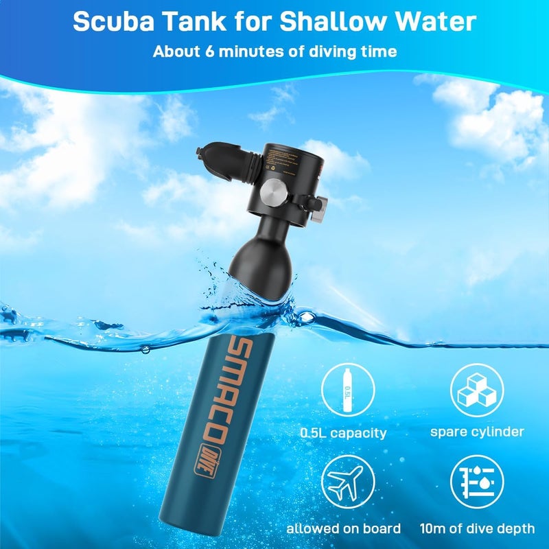 SMACO S300 Plus Mini Scuba Tank 0.5L - Reusable Portable Diving Tank & Emergency Pony Bottle up to 10-Minute Air Supply Underwater Breathing Device Freediving DOT-Certified Air Cylinder - Image 1