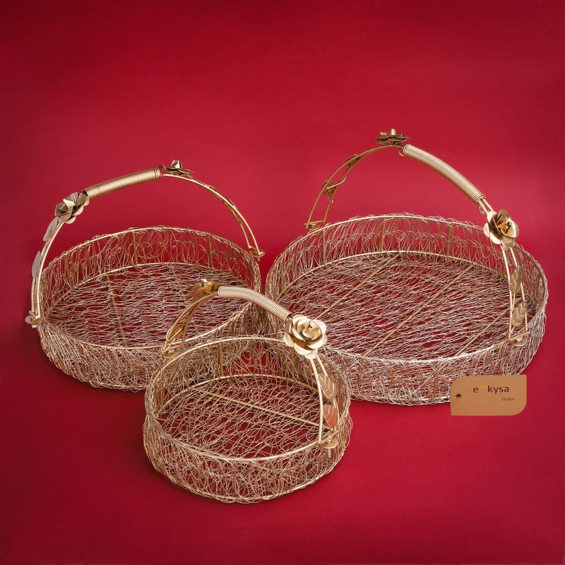 ekysa dekor Metal Meshwire Multipurpose Hamper Fancy Round Shape Basket/Tray/Platter With Hadles For Packing, Gifting, Decoration- Golden (8 * 2.5, 10 * 2.5, 12 * 2.5 Inch) - Image 1