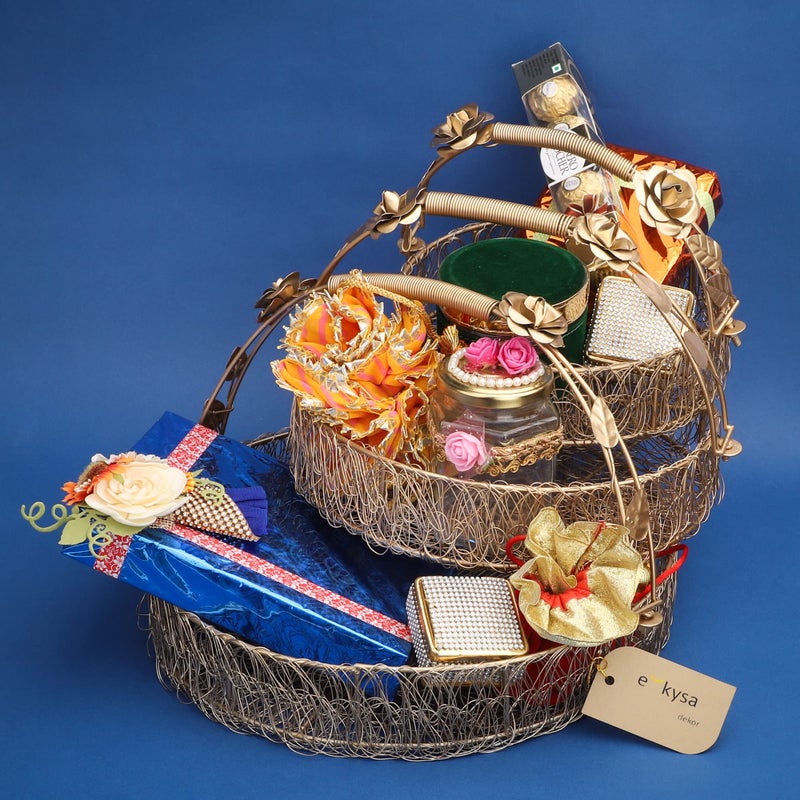 ekysa dekor Metal Meshwire Multipurpose Hamper Fancy Round Shape Basket/Tray/Platter With Hadles For Packing, Gifting, Decoration- Golden (8 * 2.5, 10 * 2.5, 12 * 2.5 Inch) - Image 3