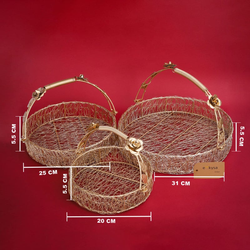 ekysa dekor Metal Meshwire Multipurpose Hamper Fancy Round Shape Basket/Tray/Platter With Hadles For Packing, Gifting, Decoration- Golden (8 * 2.5, 10 * 2.5, 12 * 2.5 Inch) - Image 2