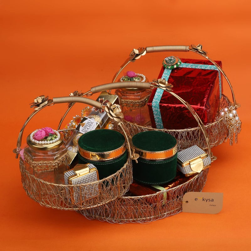 ekysa dekor Metal Meshwire Multipurpose Hamper Fancy Round Shape Basket/Tray/Platter With Hadles For Packing, Gifting, Decoration- Golden (8 * 2.5, 10 * 2.5, 12 * 2.5 Inch) - Image 5