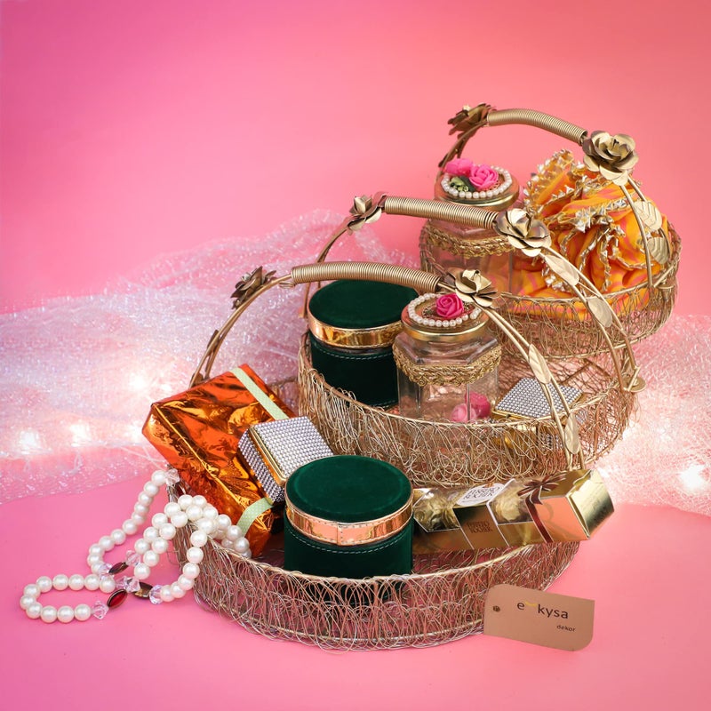 ekysa dekor Metal Meshwire Multipurpose Hamper Fancy Round Shape Basket/Tray/Platter With Hadles For Packing, Gifting, Decoration- Golden (8 * 2.5, 10 * 2.5, 12 * 2.5 Inch) - Image 4