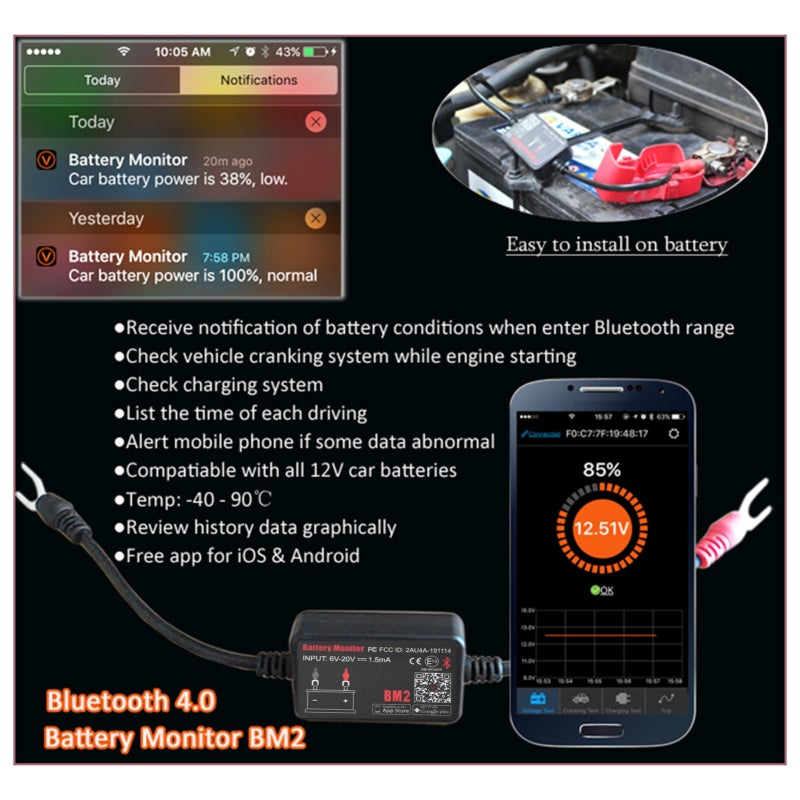 12V Battery Monitor Black Premium ABS Housing - 30-Day Data Storage Automatic Reminder Battery Tester for Vehicle Car Battery System Monitoring - Image 2