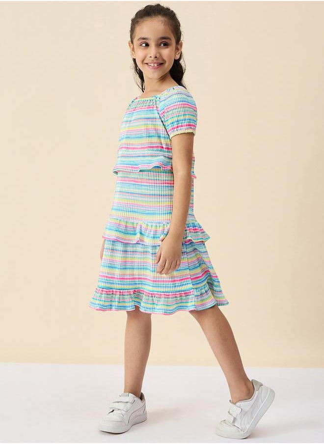 Stylo Bug - Striped Square Neck Tiered Dress with Ruffle Trim by Styli - Image 1