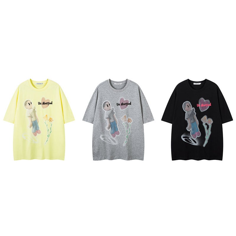 Couple T-Shirt With Retro Style, Loose Short Sleeves, American Hip-Hop Trendy Brand Cartoon Print Shirt For Men And Women, Lazy Style - Image 4