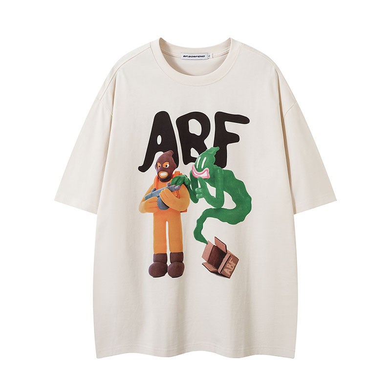 Couple T-Shirt With Retro Style, Loose Short Sleeves, American Hip-Hop Trendy Brand Cartoon Print Shirt For Men And Women, Lazy Style - Image 1