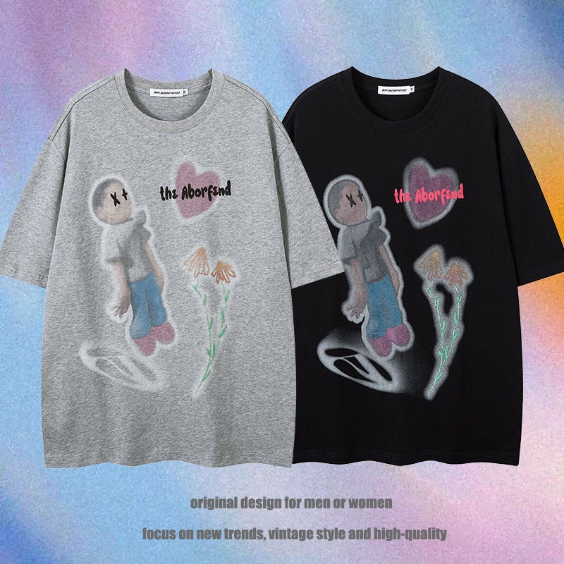 Couple T-Shirt With Retro Style, Loose Short Sleeves, American Hip-Hop Trendy Brand Cartoon Print Shirt For Men And Women, Lazy Style - Image 2