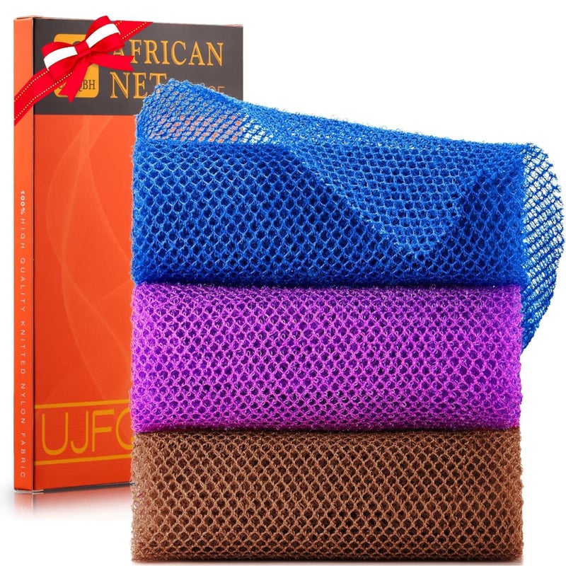 UJFQBH 3 Pieces African Bath Sponge African Net Long Net Bath Sponge Exfoliating Shower Body Scrubber Back Scrubber Skin SmootherGreat for Daily Use Brown Blue Purple