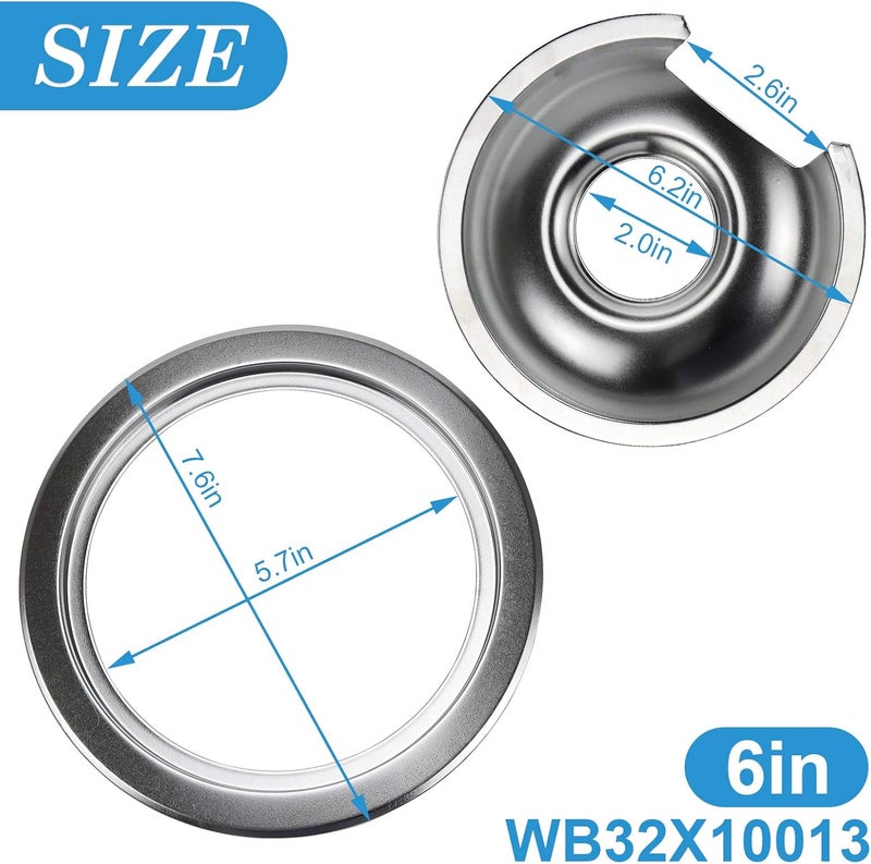 APPLIANCEMATES WB32X10013 WB32X10012 Chrome Stove Burner Drip Pan Set 4-Pack Fits for GE Hotpoint Electric Range by Replacement Parts (3) 6" Pan/Ring & (1) 8" Pan/Ring - Image 2
