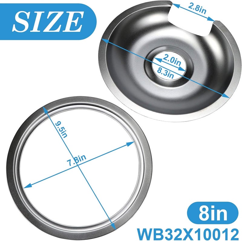 APPLIANCEMATES WB32X10013 WB32X10012 Chrome Stove Burner Drip Pan Set 4-Pack Fits for GE Hotpoint Electric Range by Replacement Parts (3) 6" Pan/Ring & (1) 8" Pan/Ring - Image 3