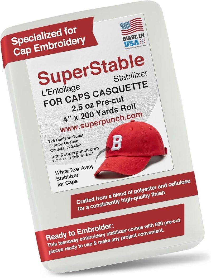 Superpunch Tear Away Stabilizer For Caps White 2.5 oz, 500 Precut Sheets 4 Inches x 7 Inches. SuperStable Machine Embroidery Stabilizer - Image 1