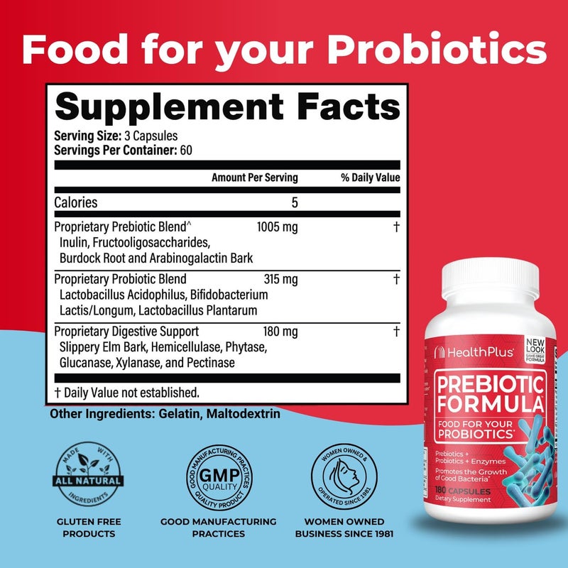 Health Plus Prebiotic Formula  Probiotics  Prebiotics  Digestive Enzymes  Gluten Free Dairy Free Natural Herbal Ingredients 180 Capsules 60 Servings - Image 2
