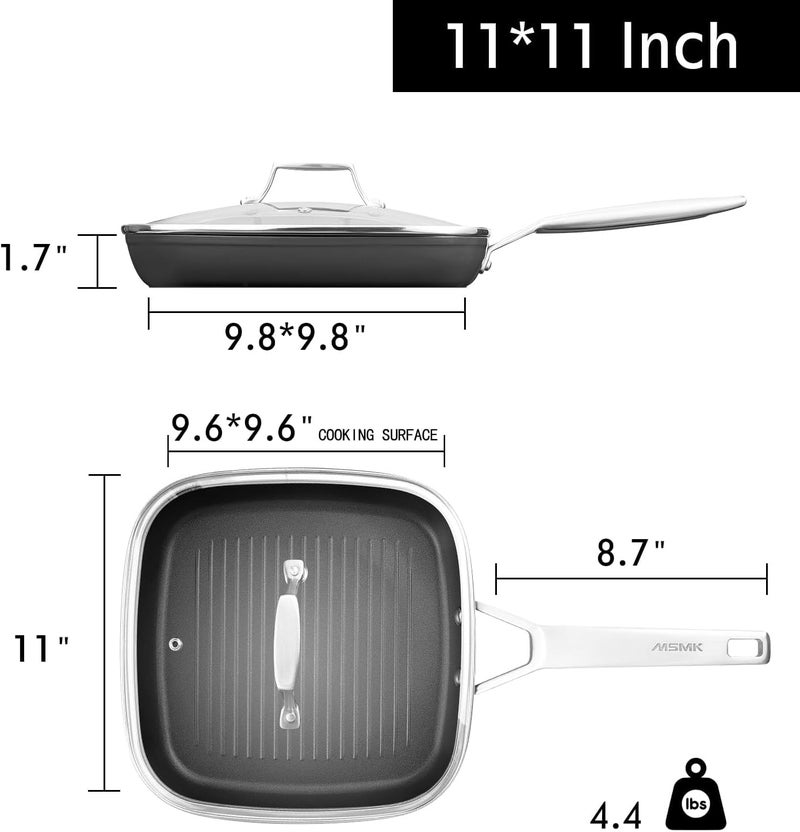 MsMk Square Grill Pan with lid, Stay-Cool Handle, Each Ridge Nonstick, Oven Safe Dishwasher Safe Induction Grill pans for Stove Tops, Square Frying Pan, Bacon Pan, Indoor Chicken Skillet, 11-Inch - Image 5
