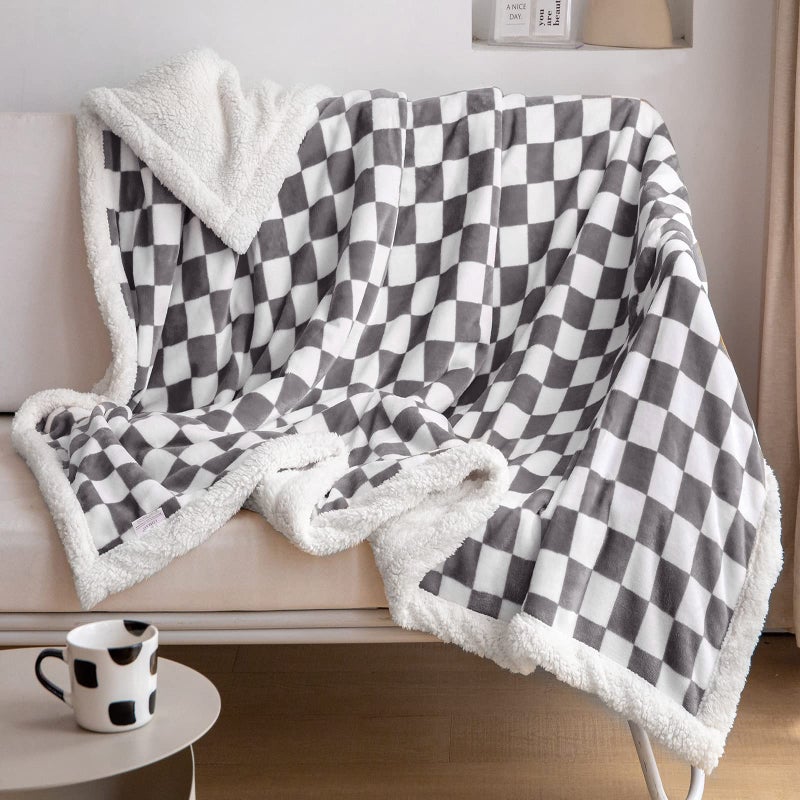LOMAO Sherpa Throw Blanket Fleece Blanket with Checkered Pattern Soft Thick Blanket for Couch Bed Sofa Luxurious Warm and Cozy for All Seasons Grey 60x80