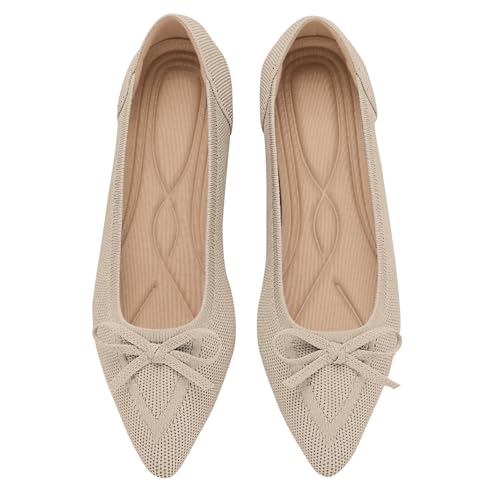 TINGRISE Womens Flats Pointed Toe Bow Knit Ballet Shoes Comfortable Dressy Mesh Slip On Flat Begie US65 Beige - Image 1