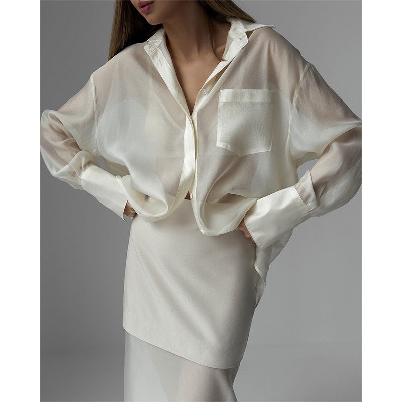 European and American womens 2024 autumn new mercerized mesh lapel long sleeve shirt high waist stitching skirt two-piece set white