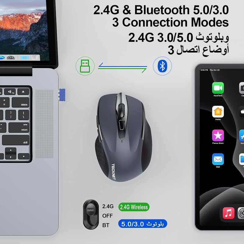 TECKNET Wireless Mouse (2.4G & BT5.0/3.0) Silent 4800 DPI Computer USB A & Bluetooth Mouse 6 Buttons, Wide Compatibility - Grey - Image 2