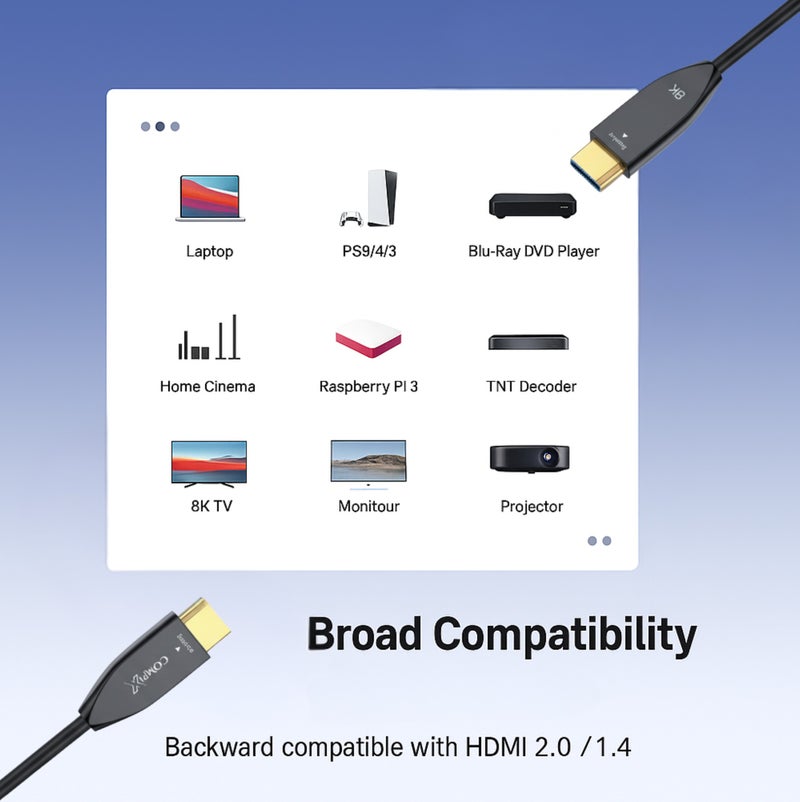 COMPIX HDMI 2.1 Fiber Optic Cable 50M, High-Speed HDMI Cord 48Gbps, 8K@60Hz, 4K@120/144Hz, Active Optical Supports eARC/Dolby/HDR 10+/HDCP, Compatible with PS5/PS4, Xbox, MacBook Pro, Projector, TV - Image 5