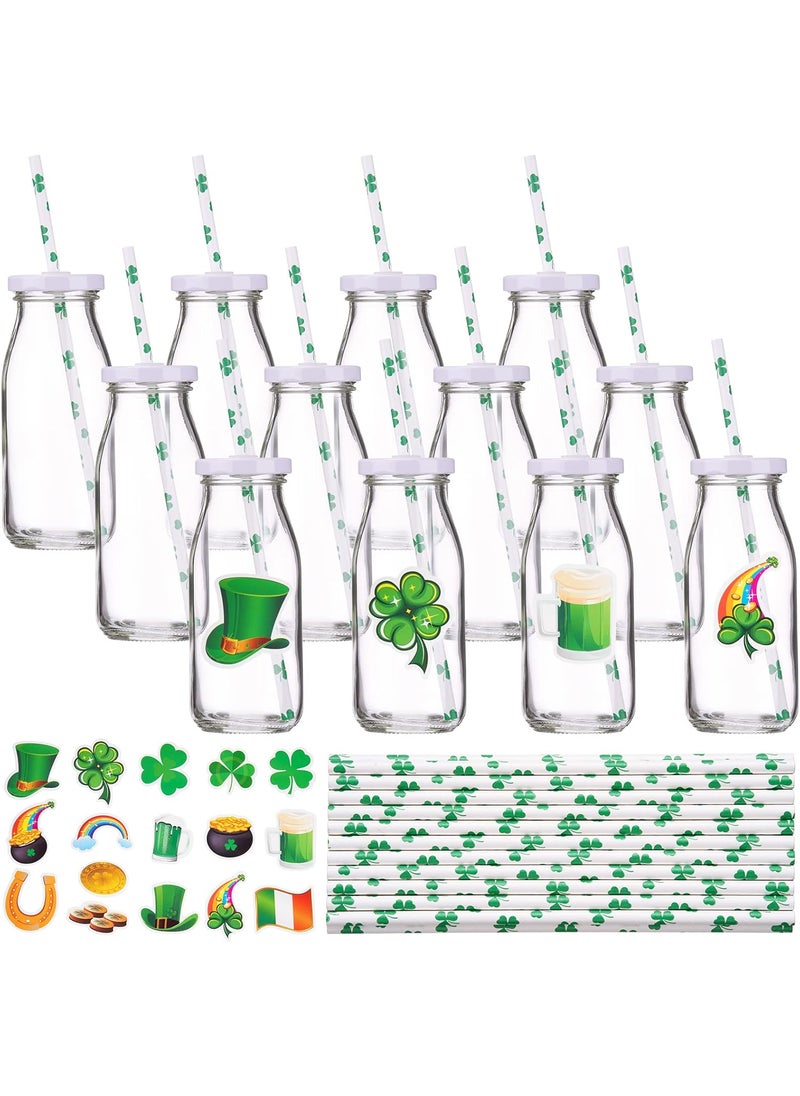 Nuenen Nuenen St Patricks Day Cups Sets Including 12 Pieces Reusable Glass Bottle Milk Bottle with Metal Screw on Lids and 50 Pieces Straw and 100 Pieces Cute Sticker  - Image 1