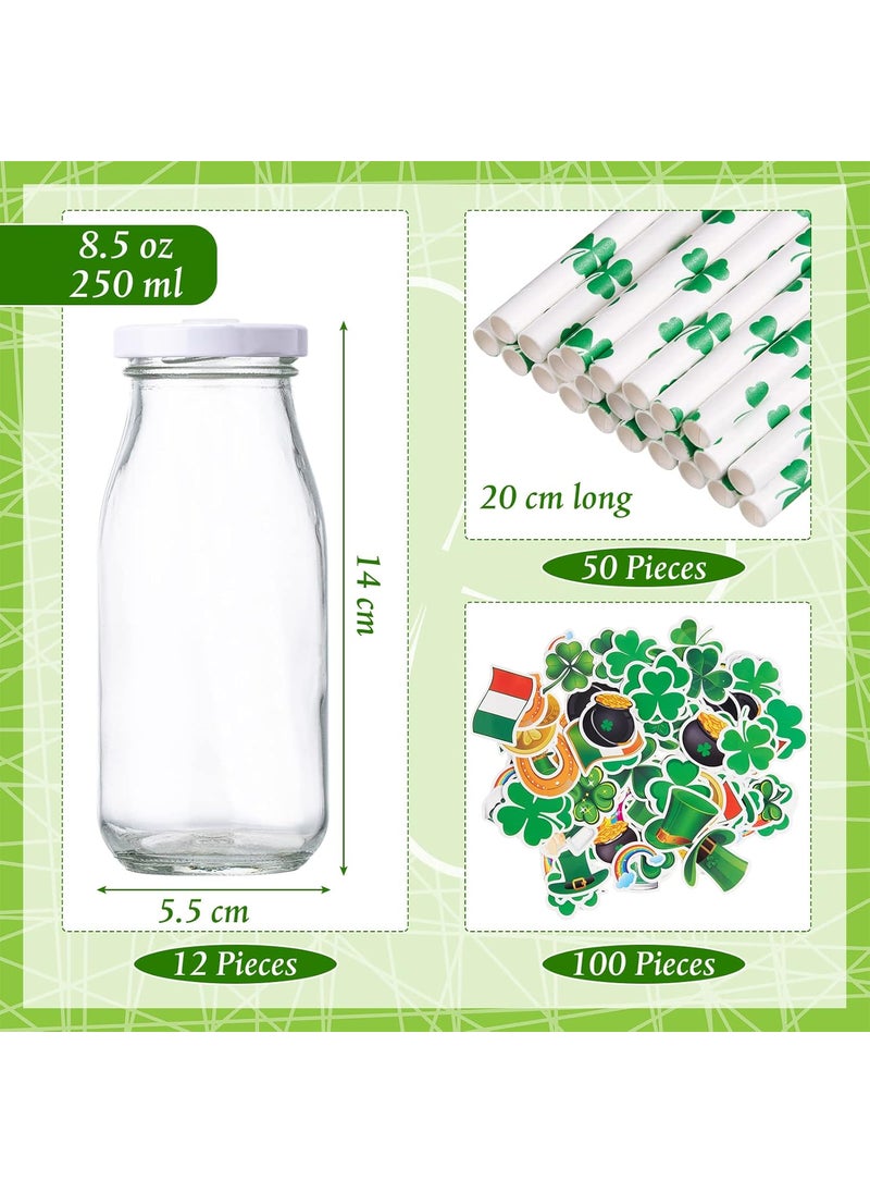 Nuenen Nuenen St Patricks Day Cups Sets Including 12 Pieces Reusable Glass Bottle Milk Bottle with Metal Screw on Lids and 50 Pieces Straw and 100 Pieces Cute Sticker  - Image 2