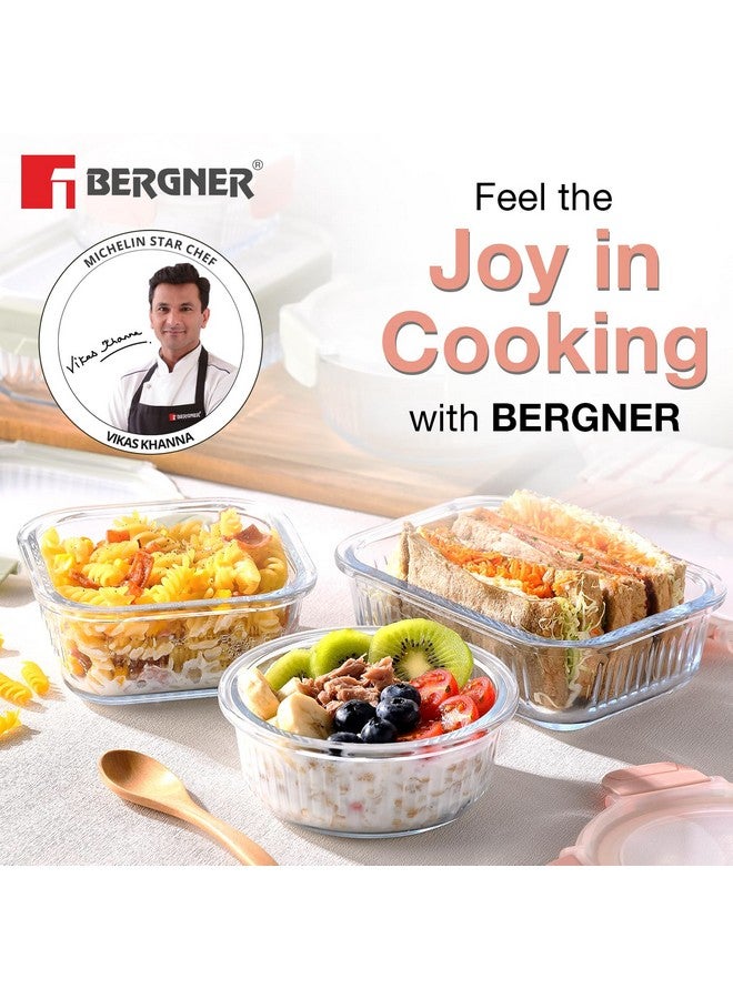 BERGNER حاوية طعام مستطيلة من بوروسيليكات BERGNER سعة 1.5 لتر للمطبخ/التيفين، غطاء محكم مع أقفال، موفرة للمساحة، قابلة للتكديس، آمنة للاستخدام في الميكروويف والفرن، آمنة للطعام، آمنة في غسالة الصحون، وردي - Image 2