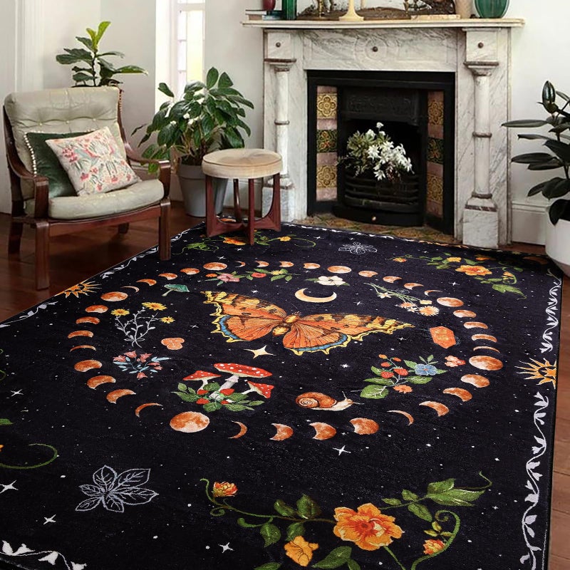Ouyattle Ultra Thin Moody Black Floral Rugs Washable, Boho Cute Aesthetic Bedroom Rugs Dorm Carpet Indie Moon Phase Room Decor, Vintage Botanical Butterfly 5x7 Area Rug for Dining Living Room Kitchen Entryway - Image 2