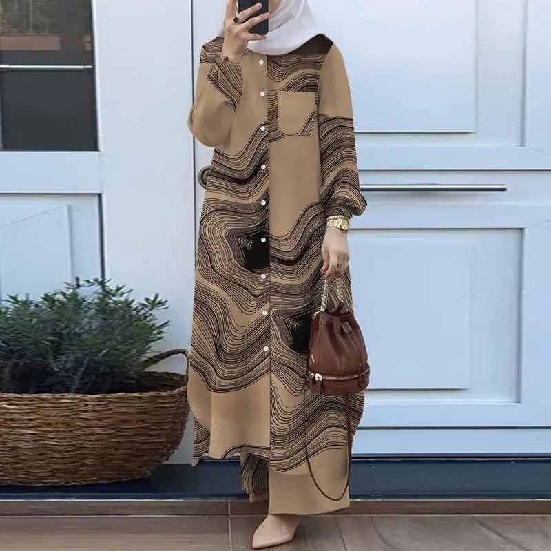 H707# Muslim womens Arabian style two-piece spring and autumn new womens long sleeve shirt pants suit khaki printing - Image 1