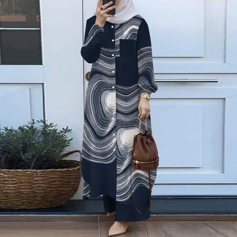 H707# Muslim womens Arabian style two-piece spring and autumn new womens long sleeve shirt pants suit khaki printing - Image 2
