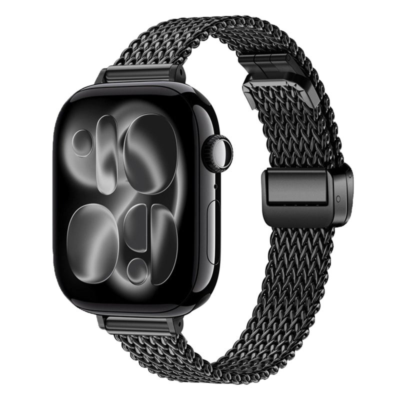 For Apple Watch 46mm / 49mm / 45mm / 44mm Slim Mesh Fold Magnetic Buckle Stainless Steel Watch Band(Black)