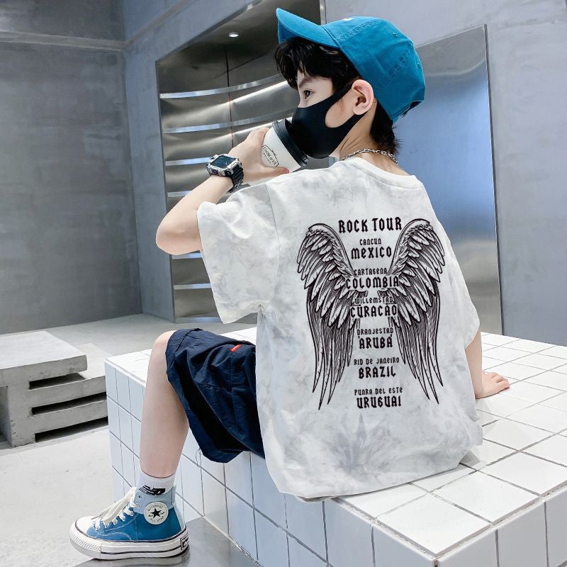 Boys' Cotton Short-sleeved T-shirt 2025 New Loose Tie-dyed Casual Korean T-shirt Trendy T-shirt - Image 1