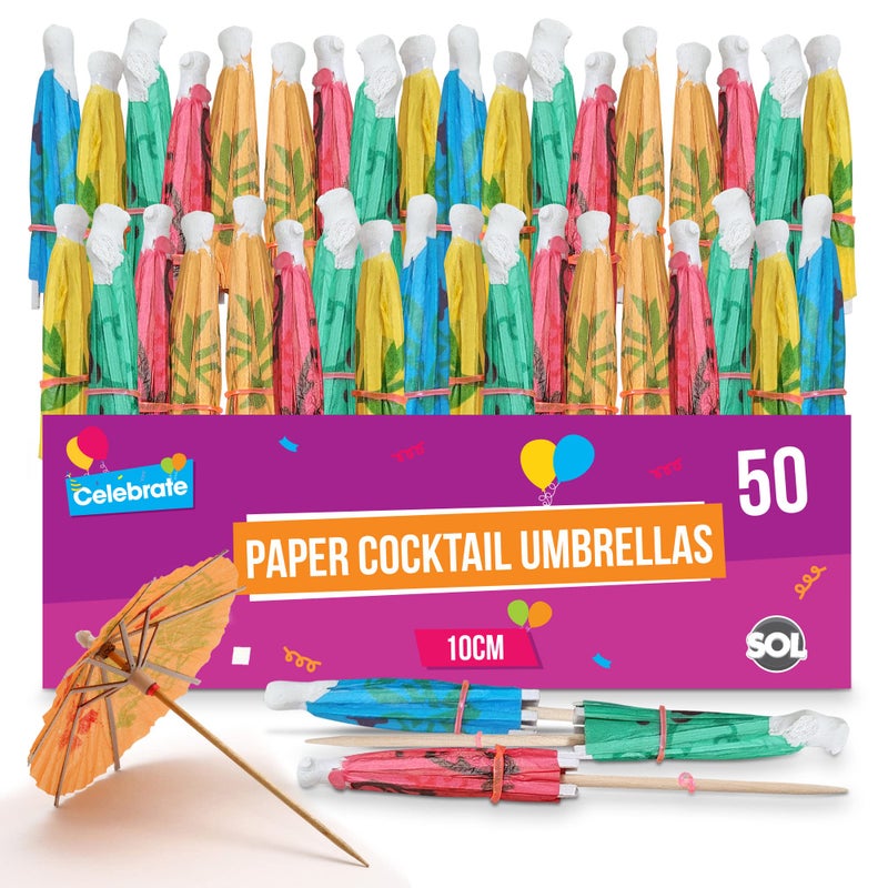 SOL 50pk Paper Cocktail Umbrellas  Assorted Colours for Drinks  Snacks  Durable Party Accessories for Hawaiian Pool Beach Summer  Birthday Parties  EyeCatching Designs for Drinks  Appetisers