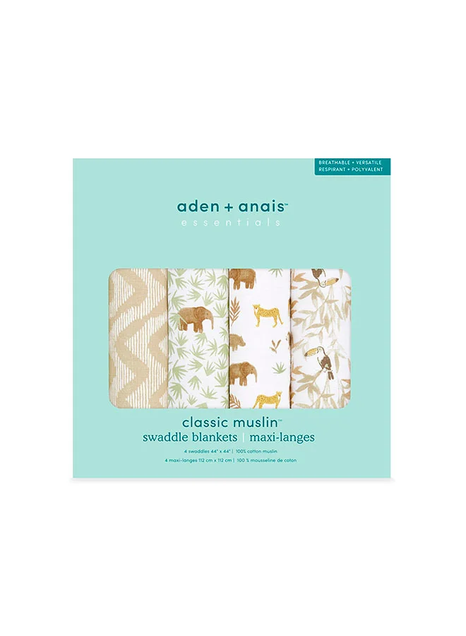 aden + anais Pack of 4 Essentials Cotton Muslin Swaddle Blanket Tanzania