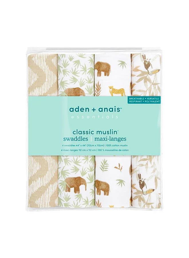aden + anais Pack of 4 Essentials Cotton Muslin Swaddle Blanket Tanzania