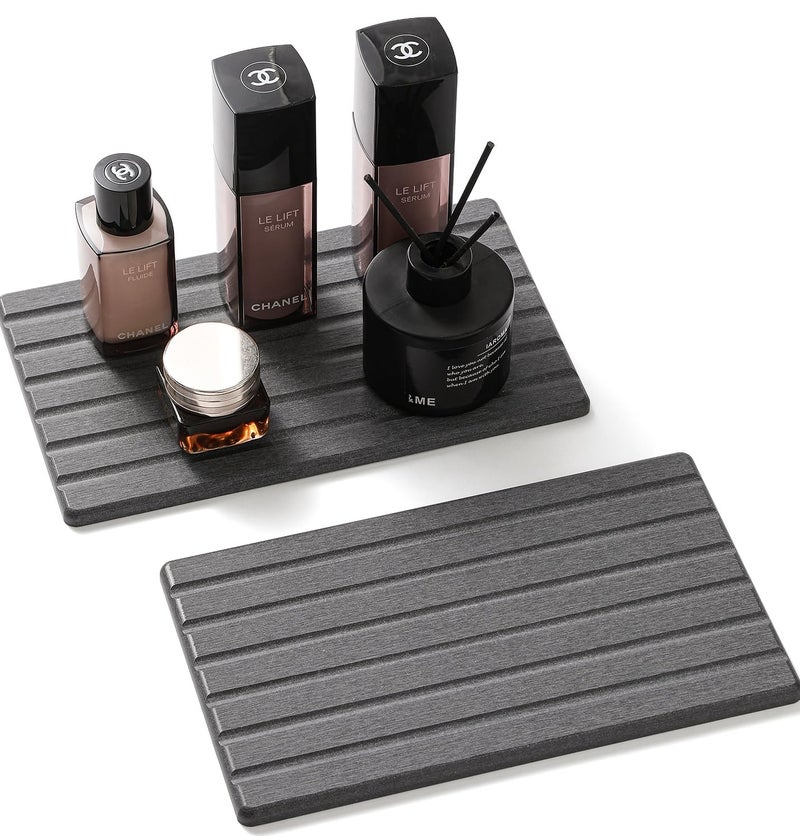 Razborci 2PCS Water Absorbing Stone Drying Tray Mat for Bathroom Sink & Kitchen Counter Organizer, Quick Dry Dish Soap Dispenser Sponge Holder, Vanity Sink Caddy, Coaster, Dark Gray - 10" x 6" - Image 1
