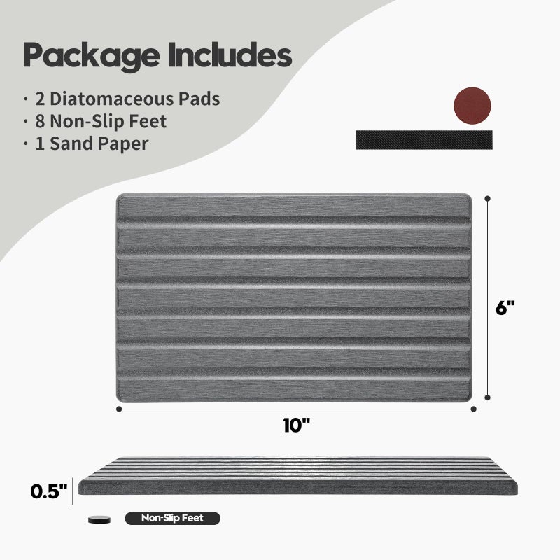 Razborci 2PCS Water Absorbing Stone Drying Tray Mat for Bathroom Sink & Kitchen Counter Organizer, Quick Dry Dish Soap Dispenser Sponge Holder, Vanity Sink Caddy, Coaster, Dark Gray - 10" x 6" - Image 3