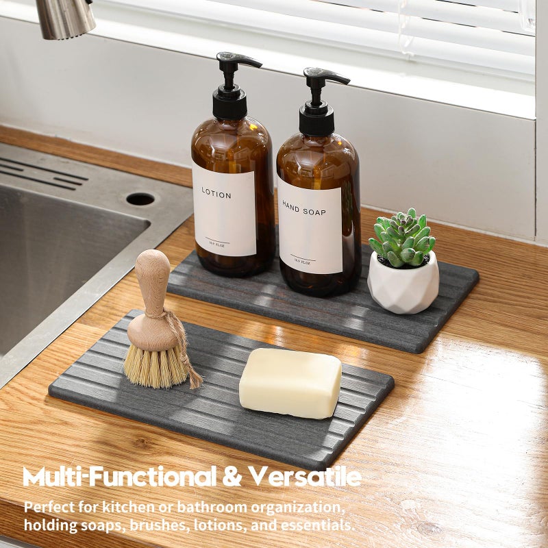 Razborci 2PCS Water Absorbing Stone Drying Tray Mat for Bathroom Sink & Kitchen Counter Organizer, Quick Dry Dish Soap Dispenser Sponge Holder, Vanity Sink Caddy, Coaster, Dark Gray - 10" x 6" - Image 2