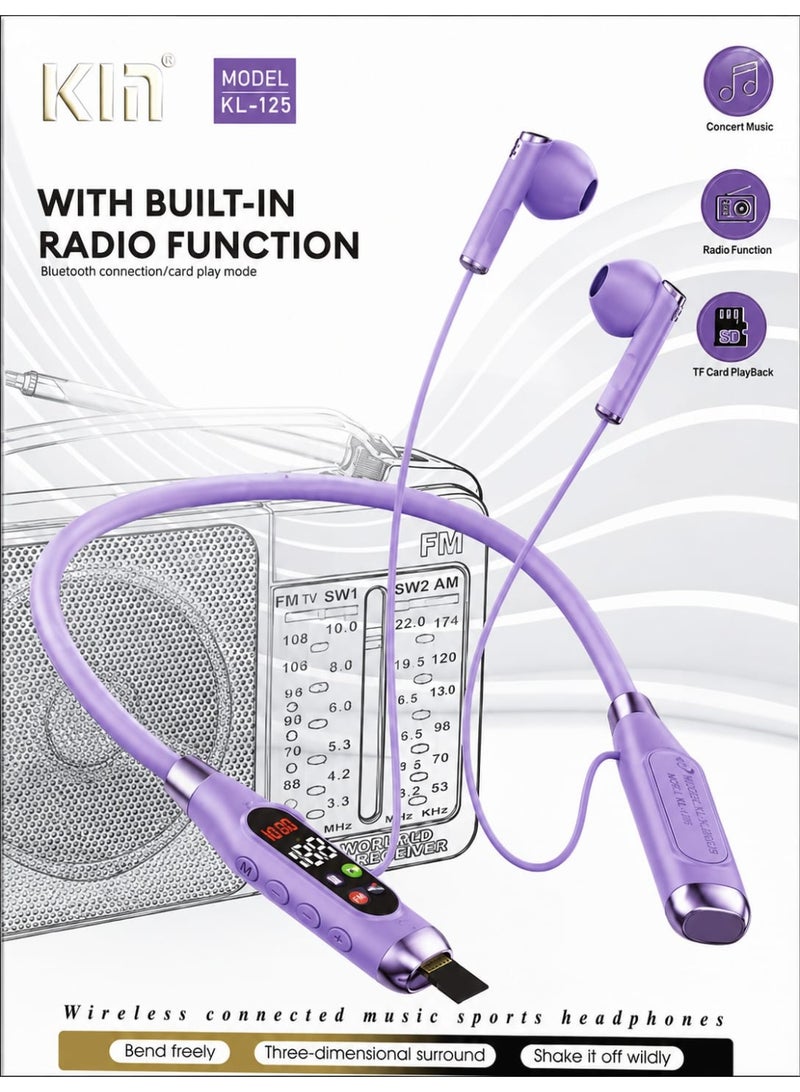 KIN KL 125 Bluetooth Neckband With FM Radio – 48H Playtime, 380 Days Standby, LED Display, TF Card Slot, Multifunction Button Control, Wireless Stereo Headset- Purple colour