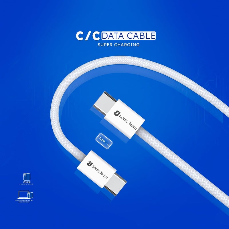 SONIC JEEM FAST CHARGING 100W TYPE-C TO TYPE-C CHARGING CABLE DATA TRANSFER 1M WHITE MADE FOR ANDROID-IPHONE-IPAD-IPOD (SJ117A) - Image 5