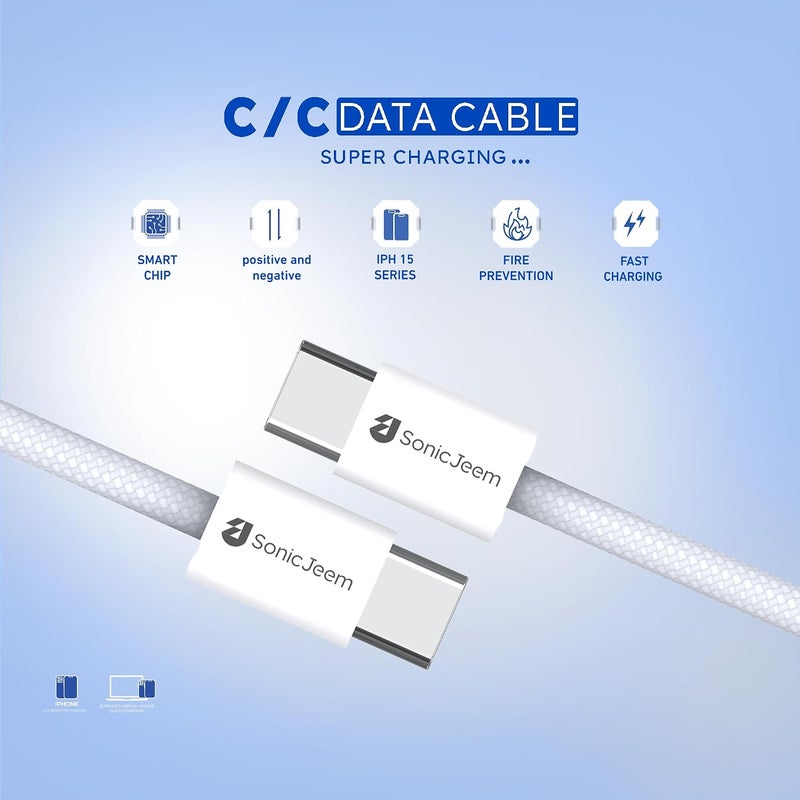 SONIC JEEM FAST CHARGING 100W TYPE-C TO TYPE-C CHARGING CABLE DATA TRANSFER 1M WHITE MADE FOR ANDROID-IPHONE-IPAD-IPOD (SJ117A) - Image 2