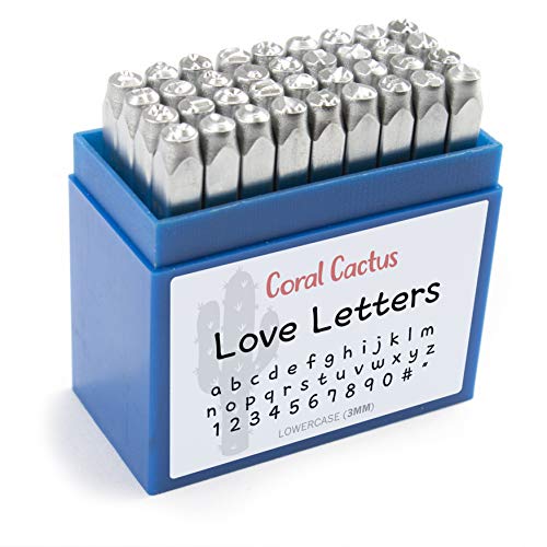 Coral Cactus Custom Font Number and Letter Stamping Tool Case (36 Lowercase Stamps/Alphabet 0-9#, 1/8 inch (3mm) Letters, Numbers, Symbols - Hard Carbon Steel Tools - Stamp/Punch Metal, Jewelry, Leather, Wood - Image 1