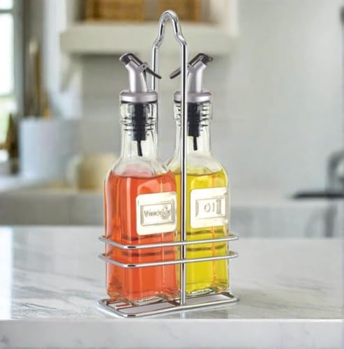 CUISINOX Cruet Oil and Vinegar Bottles Set with Dripless Spouts and Wire Caddy, English Labels - 6 oz. each - Image 2