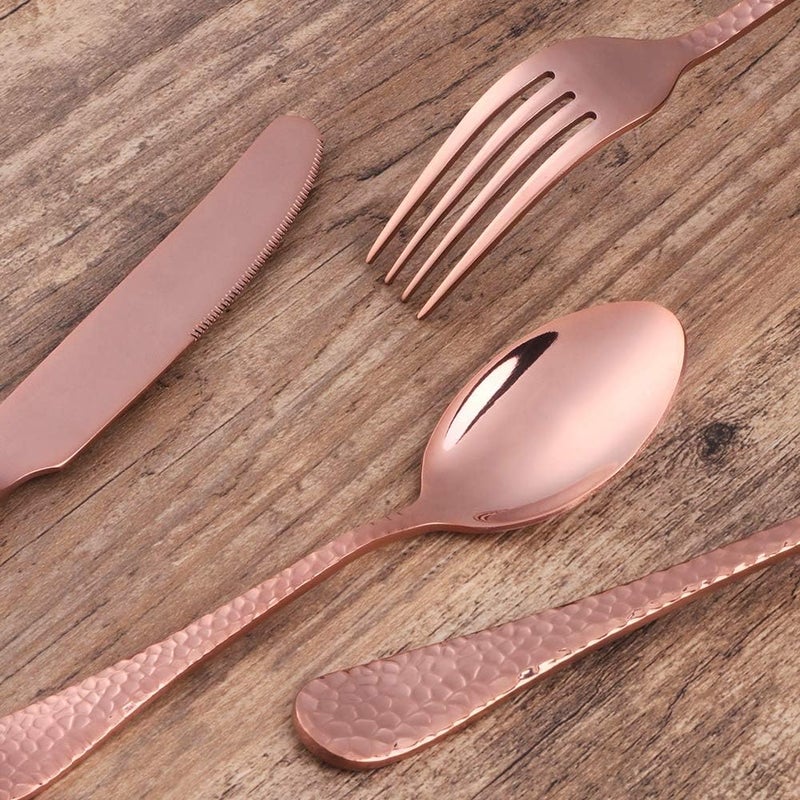 Bisda Copper Silverware Set 20 Piece Premium 188 Stainless Steel Hammered Kitchen Utensil Flatware Cutlery Sets of 4 Mirror Polish Dishwasher Safe - Image 4