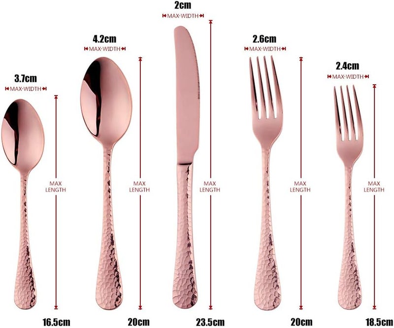 Bisda Copper Silverware Set 20 Piece Premium 188 Stainless Steel Hammered Kitchen Utensil Flatware Cutlery Sets of 4 Mirror Polish Dishwasher Safe - Image 2
