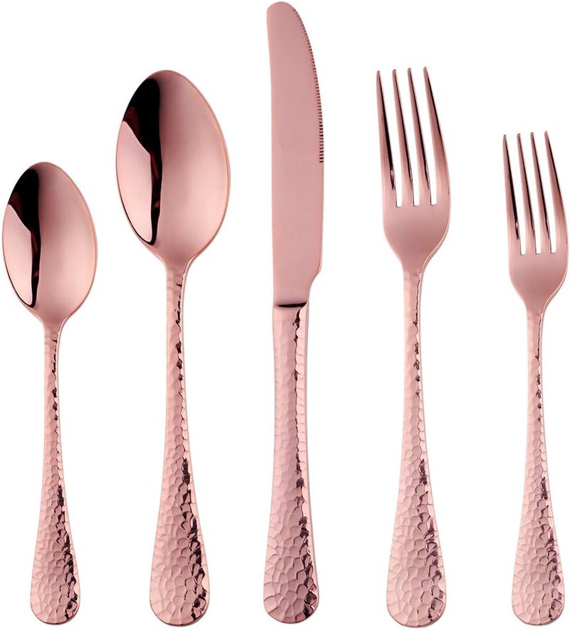 Bisda Copper Silverware Set 20 Piece Premium 188 Stainless Steel Hammered Kitchen Utensil Flatware Cutlery Sets of 4 Mirror Polish Dishwasher Safe - Image 1