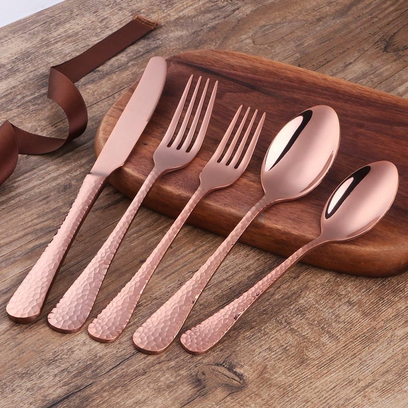 Bisda Copper Silverware Set 20 Piece Premium 188 Stainless Steel Hammered Kitchen Utensil Flatware Cutlery Sets of 4 Mirror Polish Dishwasher Safe - Image 3