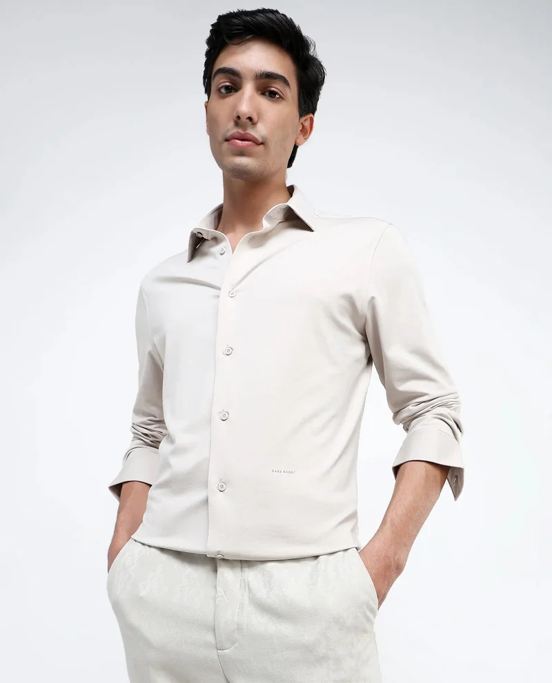Rare Rabbit Rare Rabbit Men Tour Light Beige Cotton Polyester Elastane Fabric Full Sleeve Collared Collar Button Closure Plain Knitted Formal Shirt