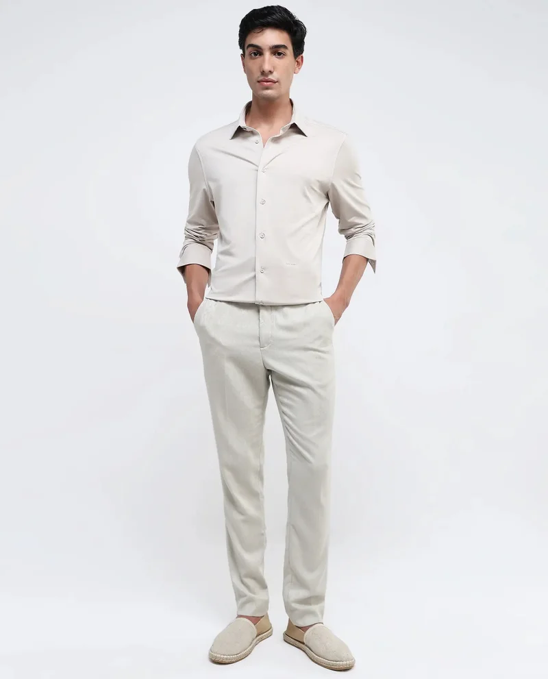Rare Rabbit Rare Rabbit Men Tour Light Beige Cotton Polyester Elastane Fabric Full Sleeve Collared Collar Button Closure Plain Knitted Formal Shirt